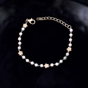 Gold Plated Tiny Pearl Flower Chain Bracelet