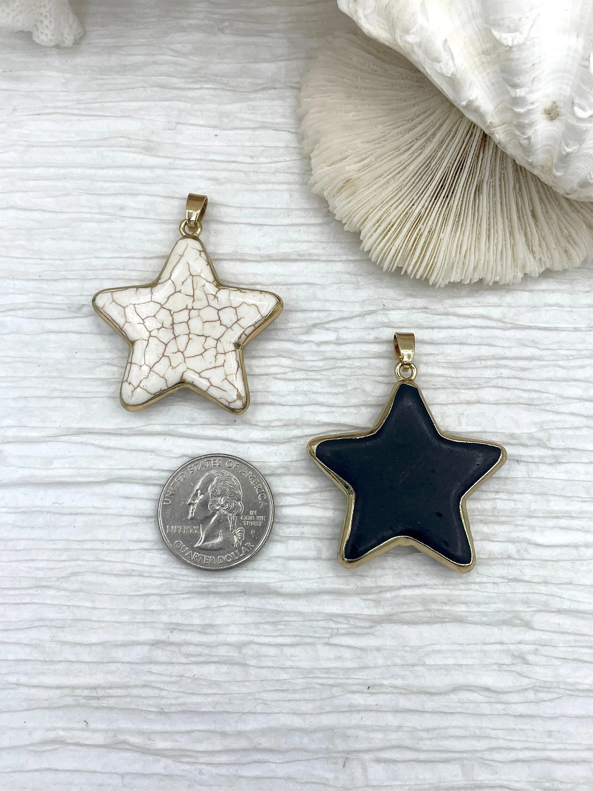 Gold Soldered Star Shaped Howlite Stone Pendants and charms. 3 colors, white, black, or turquoise, 3 sizes, Gold Bale . Fast Shipping