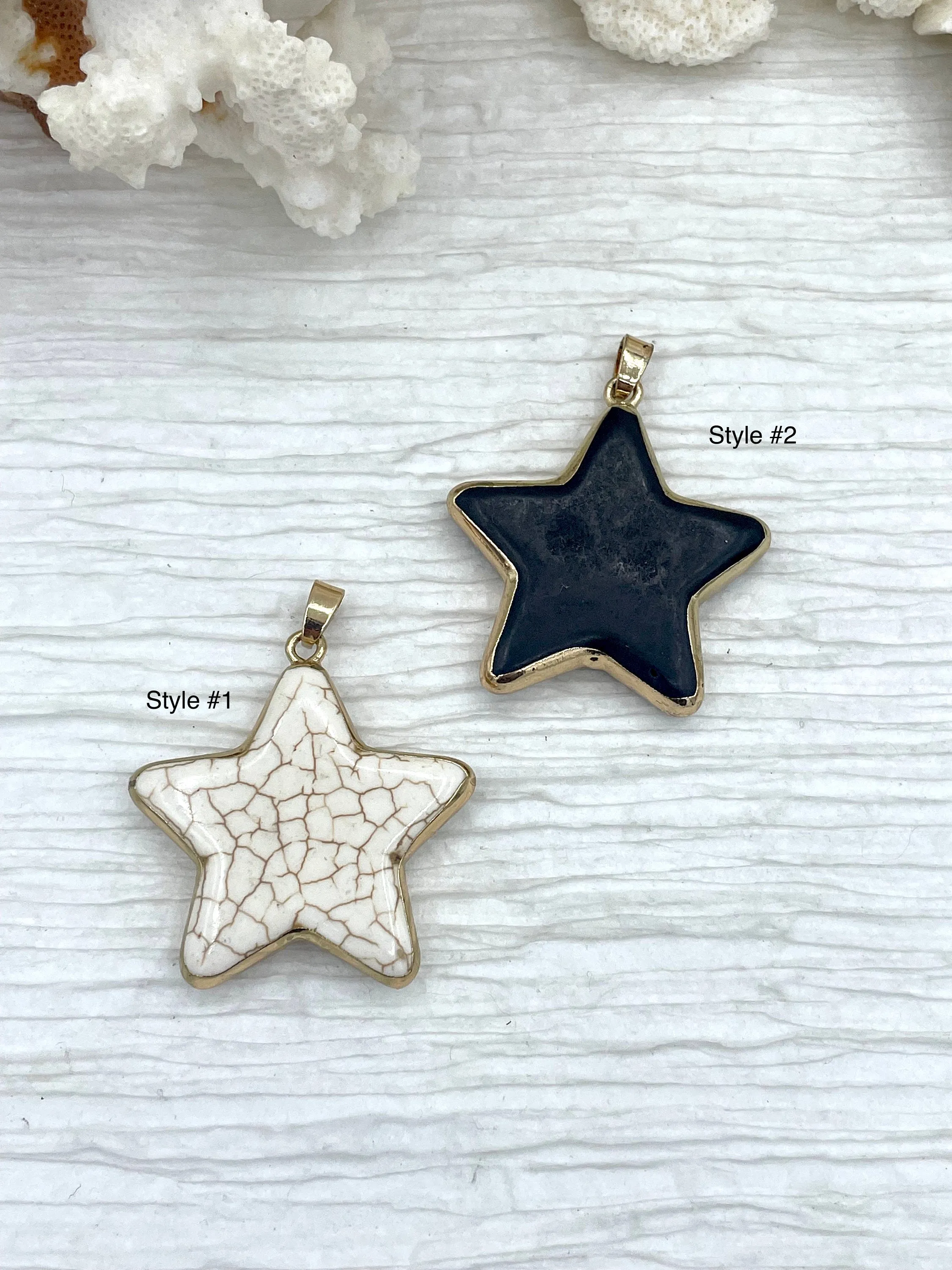 Gold Soldered Star Shaped Howlite Stone Pendants and charms. 3 colors, white, black, or turquoise, 3 sizes, Gold Bale . Fast Shipping