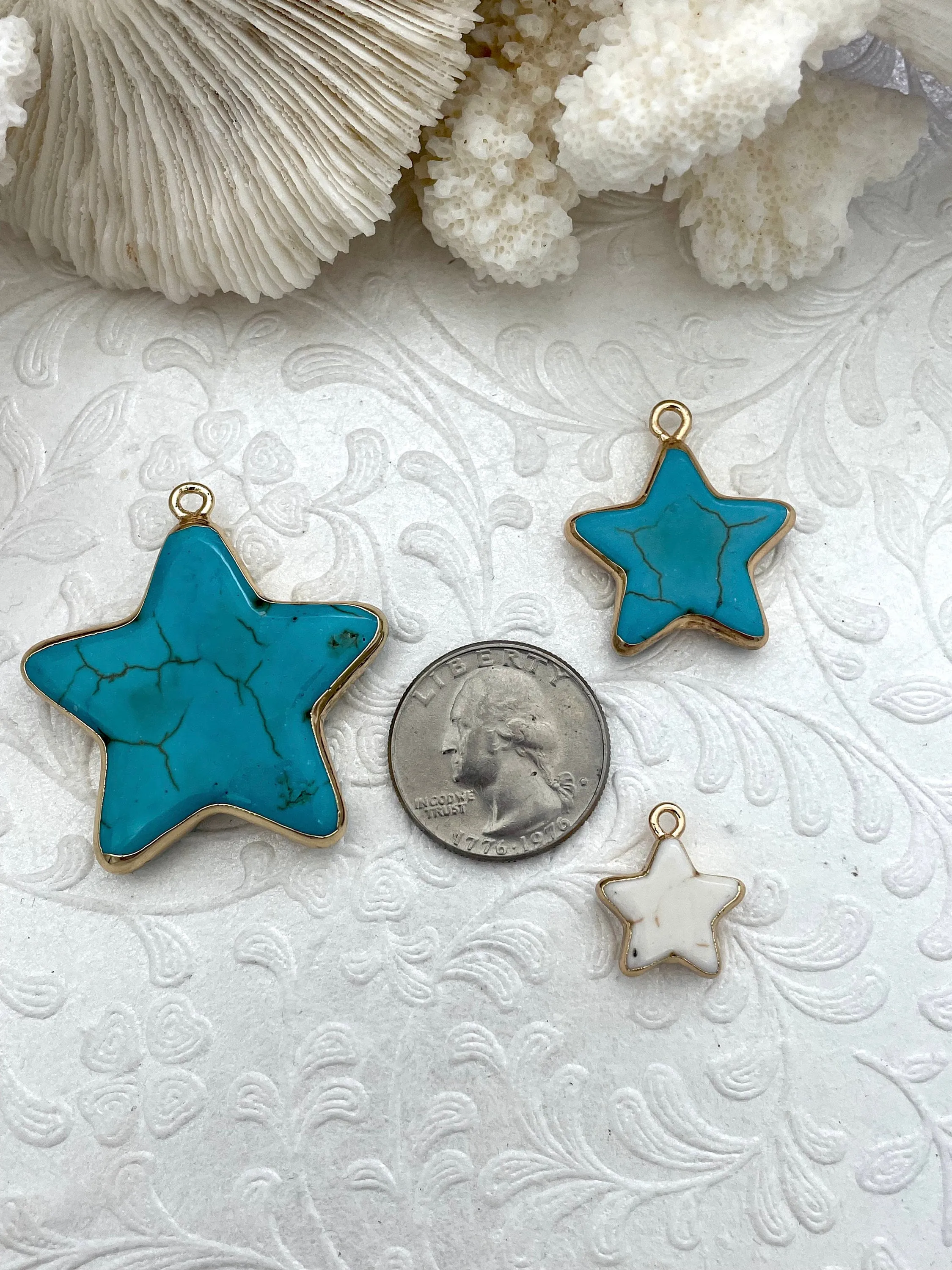 Gold Soldered Star Shaped Howlite Stone Pendants and charms. 3 colors, white, black, or turquoise, 3 sizes, Gold Bale . Fast Shipping