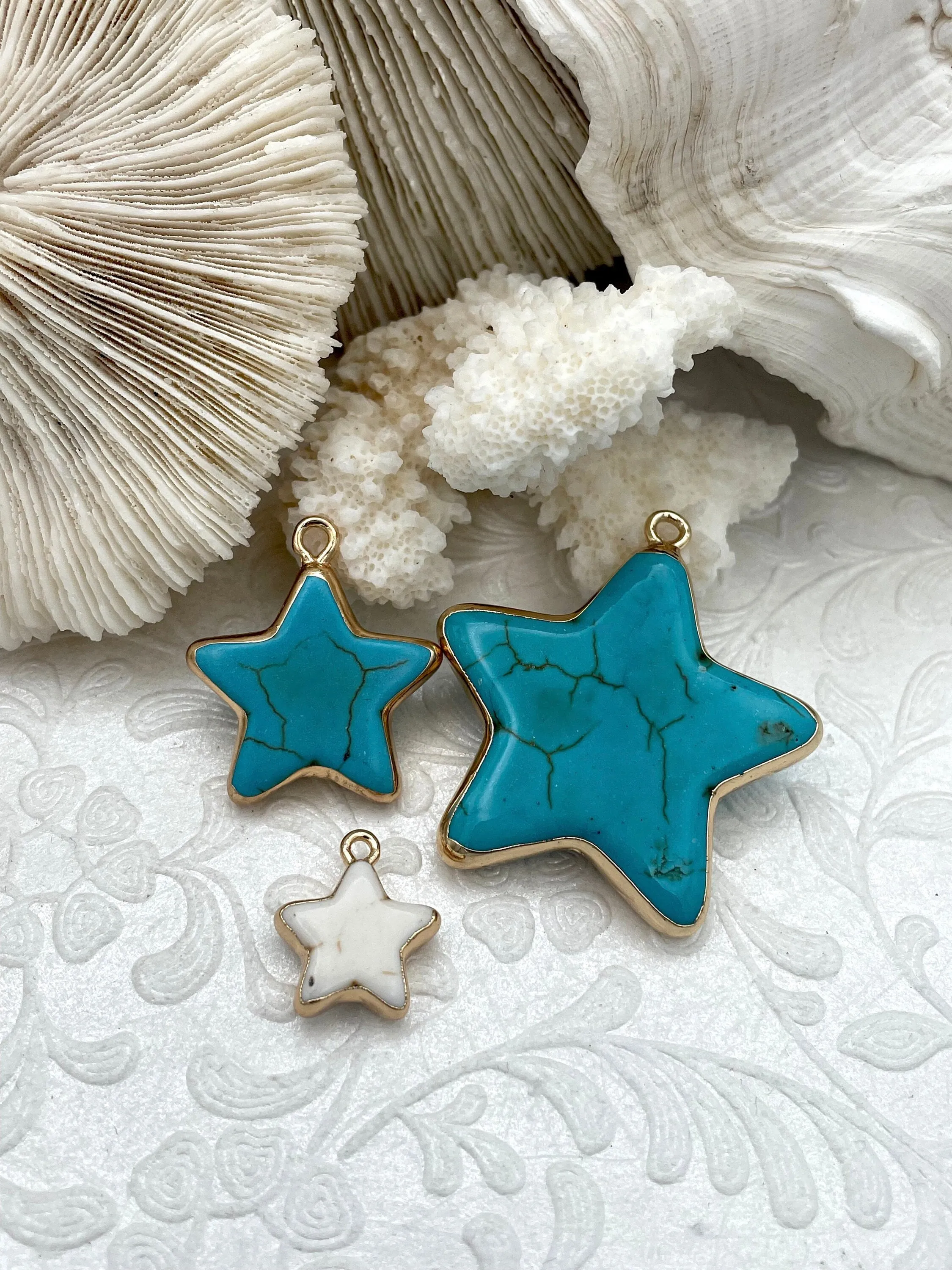 Gold Soldered Star Shaped Howlite Stone Pendants and charms. 3 colors, white, black, or turquoise, 3 sizes, Gold Bale . Fast Shipping