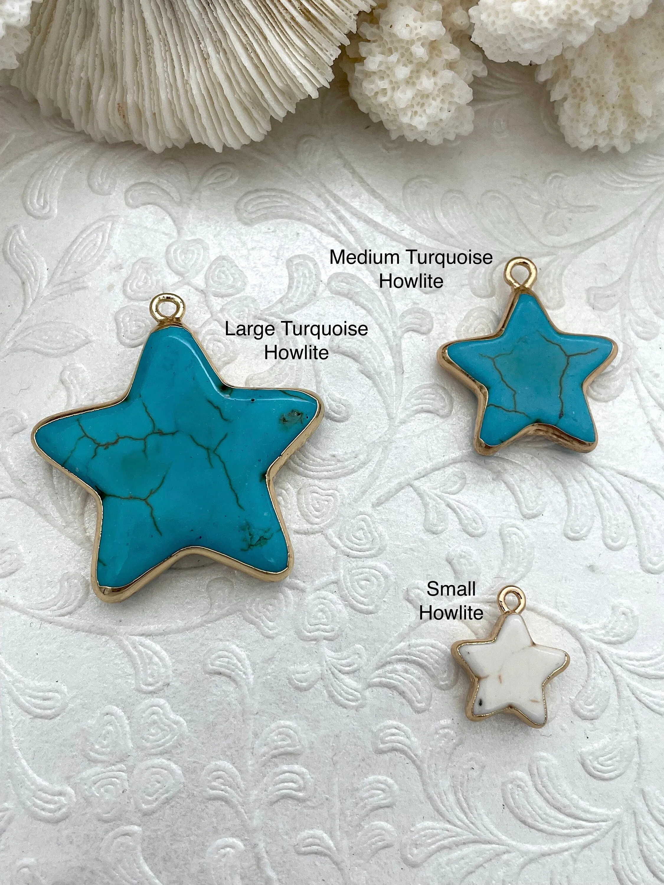 Gold Soldered Star Shaped Howlite Stone Pendants and charms. 3 colors, white, black, or turquoise, 3 sizes, Gold Bale . Fast Shipping