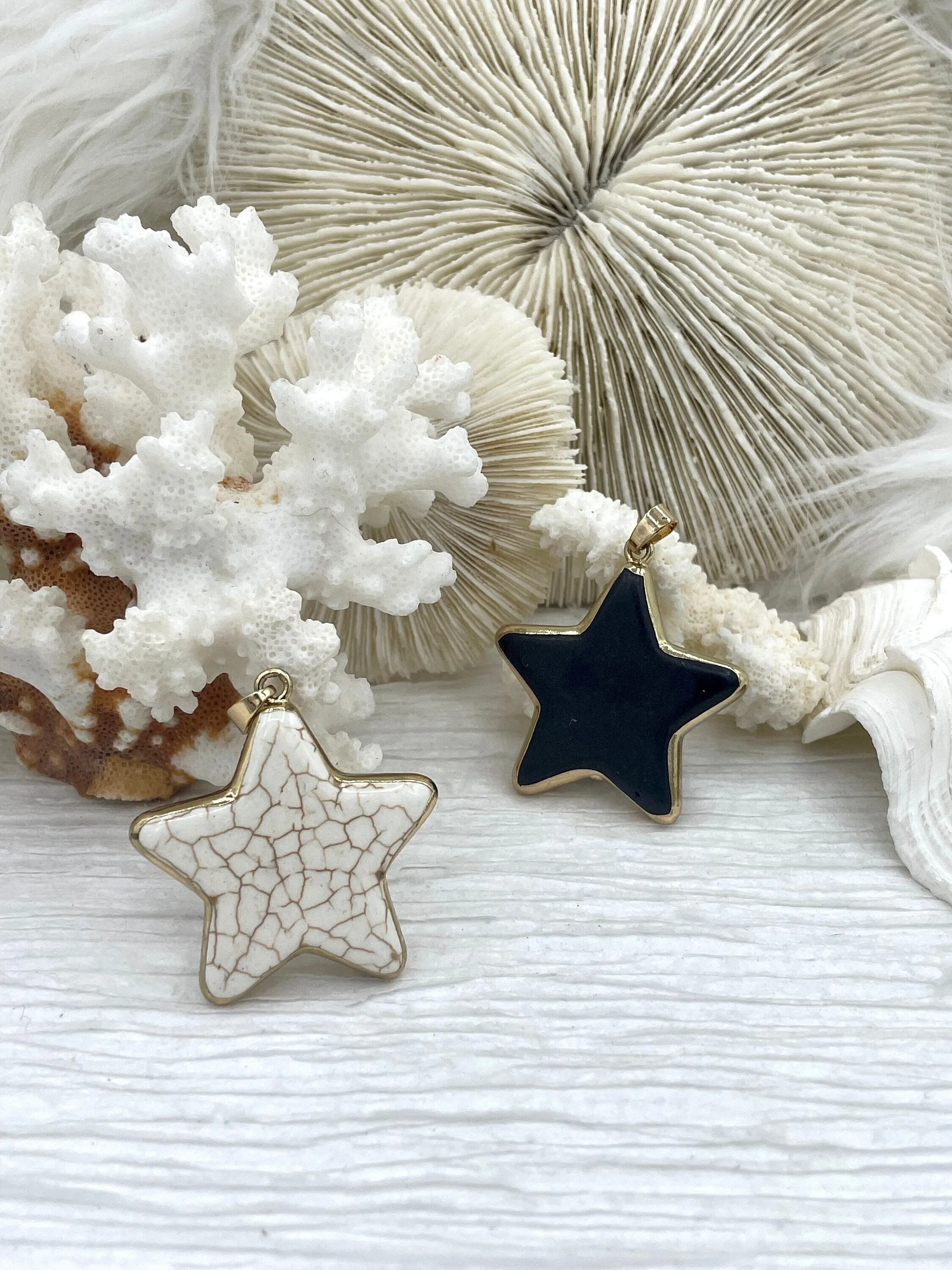 Gold Soldered Star Shaped Howlite Stone Pendants and charms. 3 colors, white, black, or turquoise, 3 sizes, Gold Bale . Fast Shipping