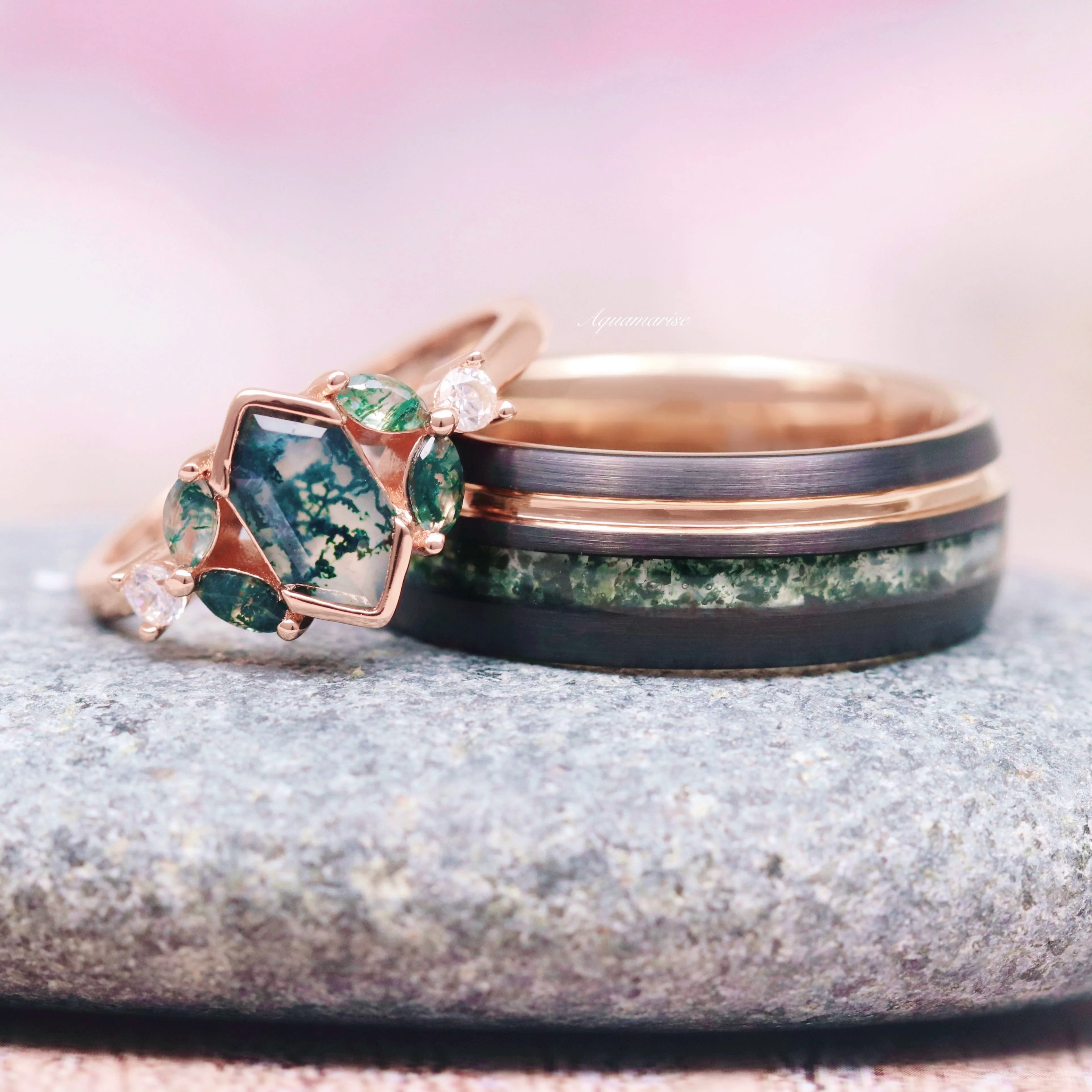 Hexagon Moss Agate Leaf Ring- 14K Rose Gold Vermeil