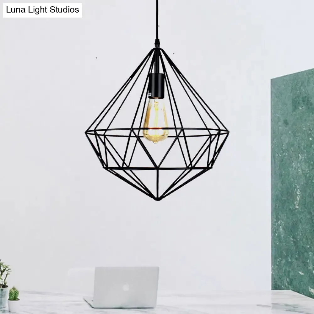 Industrial Faceted Cage Metal Pendant Ceiling Light in Black for Living Room - 1 Bulb