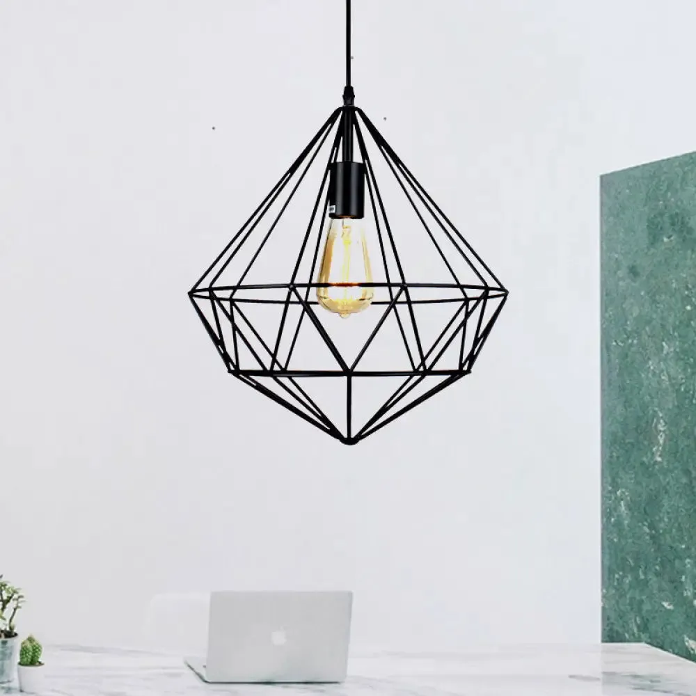 Industrial Faceted Cage Metal Pendant Ceiling Light in Black for Living Room - 1 Bulb