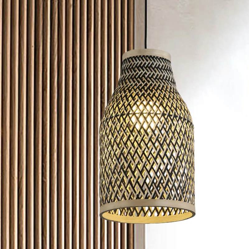 Japanese Rattan Pendant Lighting: Hand Woven, Black, 1 Bulb Ceiling Lamp