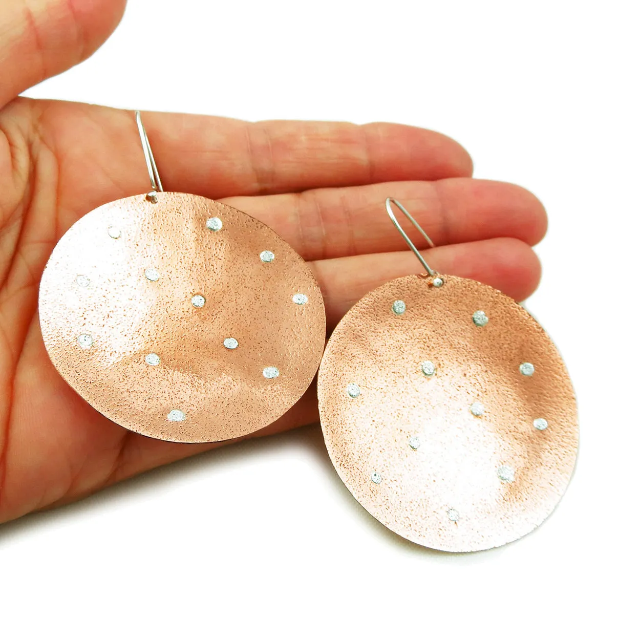 Large Hammered Copper and 925 Silver Circle Disc Earrings