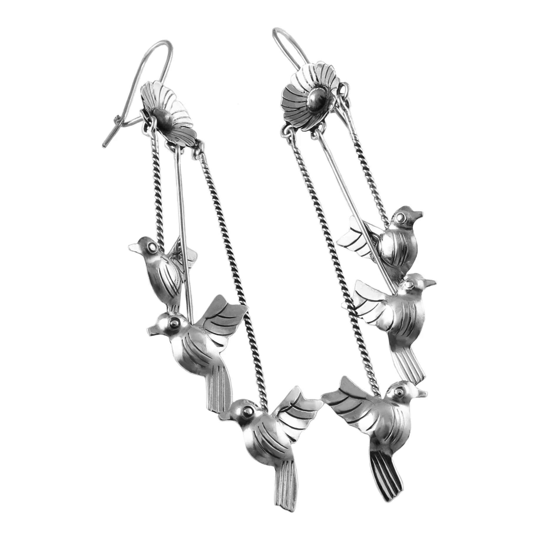 Long Lovebird Dove 925 Sterling Taxco Silver Stick Drop Earrings