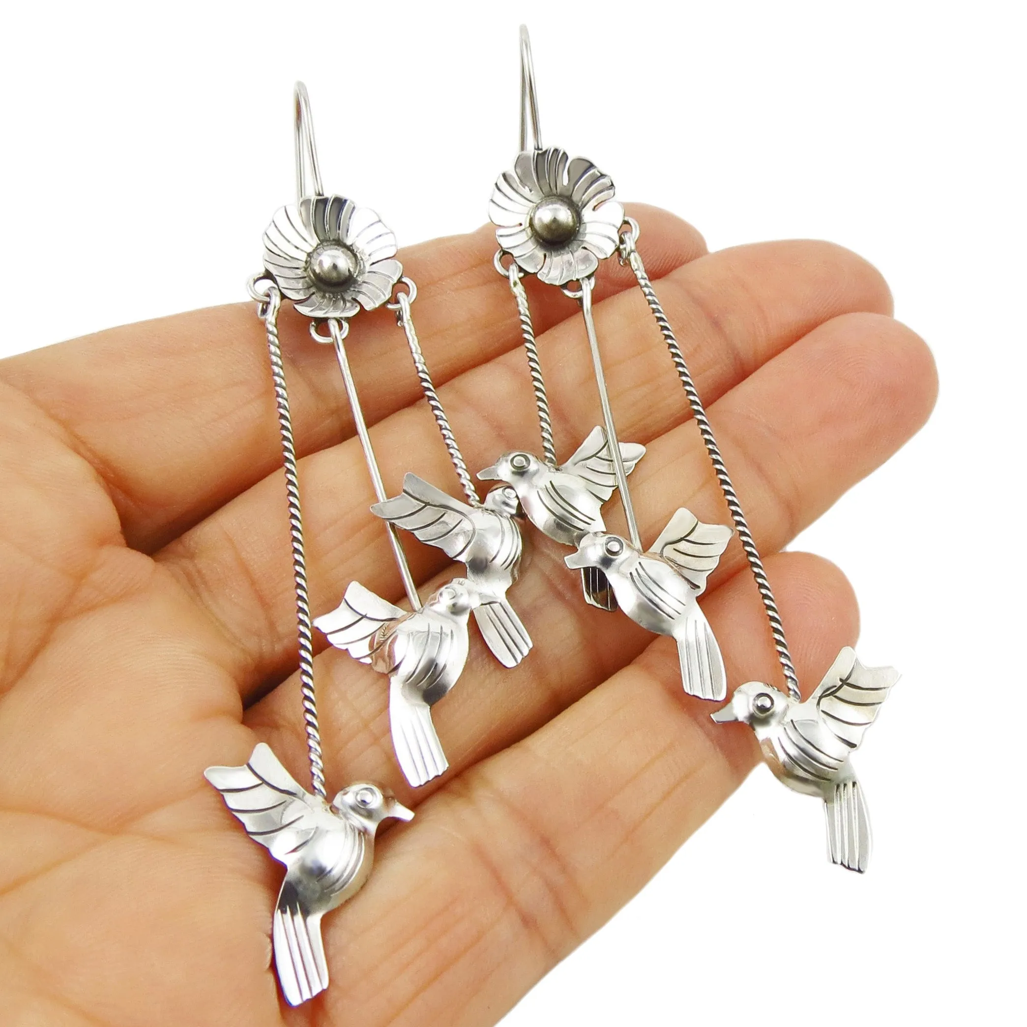 Long Lovebird Dove 925 Sterling Taxco Silver Stick Drop Earrings