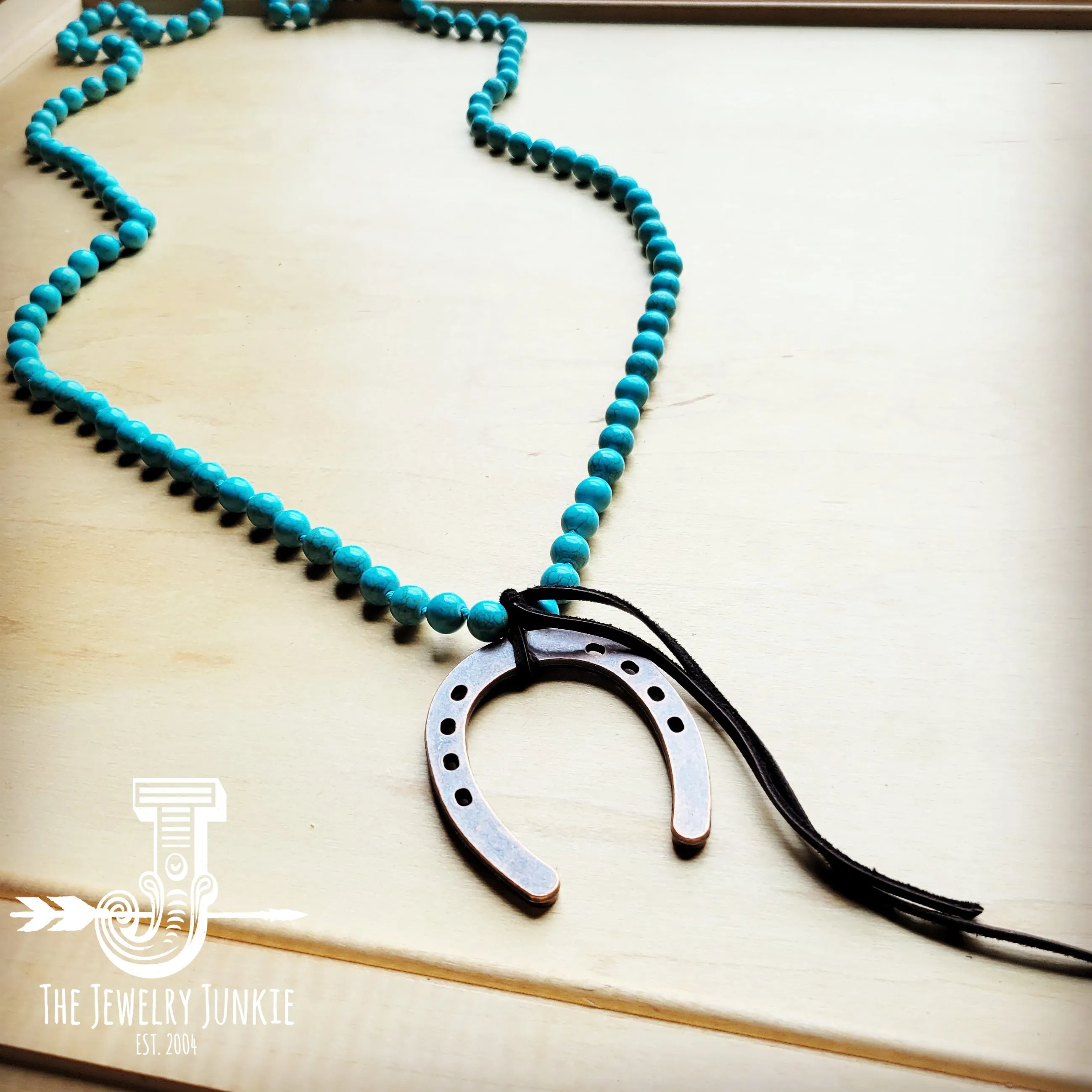 Long Turquoise Beaded Necklace w/  Copper Horse shoe pendant 258m