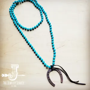 Long Turquoise Beaded Necklace w/  Copper Horse shoe pendant 258m