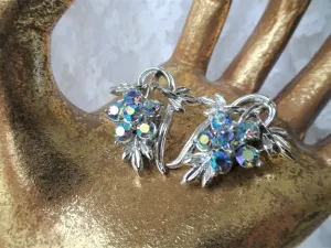 LOVELY Vintage Glass and Filigree Earrings,Blue AB Stones,Silver Tone Metal,Clip On Earrings,Clip Earrings,Mid Century ,Collectible Jewelry