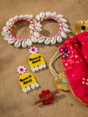 MAID OF HONOR Combo Set (Banno ki Saheli Shell Earrings   Shell love pink bangles   Maid of Honor Brooch   Bandhej Gota Potli)