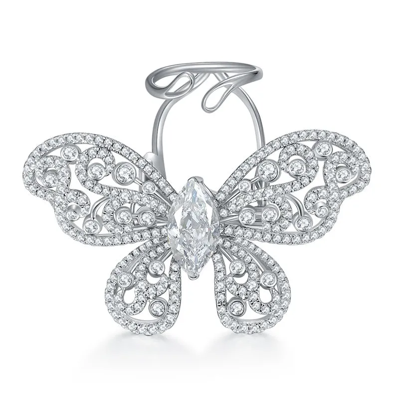 Marquise Shape White Zircon Active Butterfly Luxurious Silver Ring