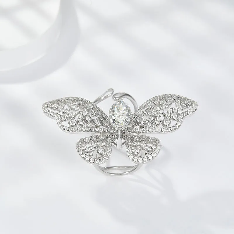 Marquise Shape White Zircon Active Butterfly Luxurious Silver Ring