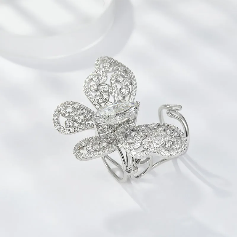 Marquise Shape White Zircon Active Butterfly Luxurious Silver Ring