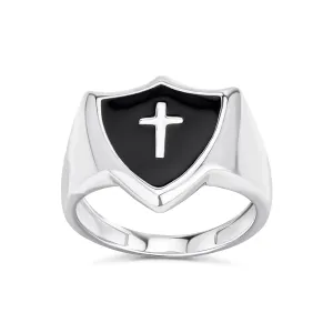 Mens Silver Ring with Black Onyx Inlay and Christian Shield Cross Design