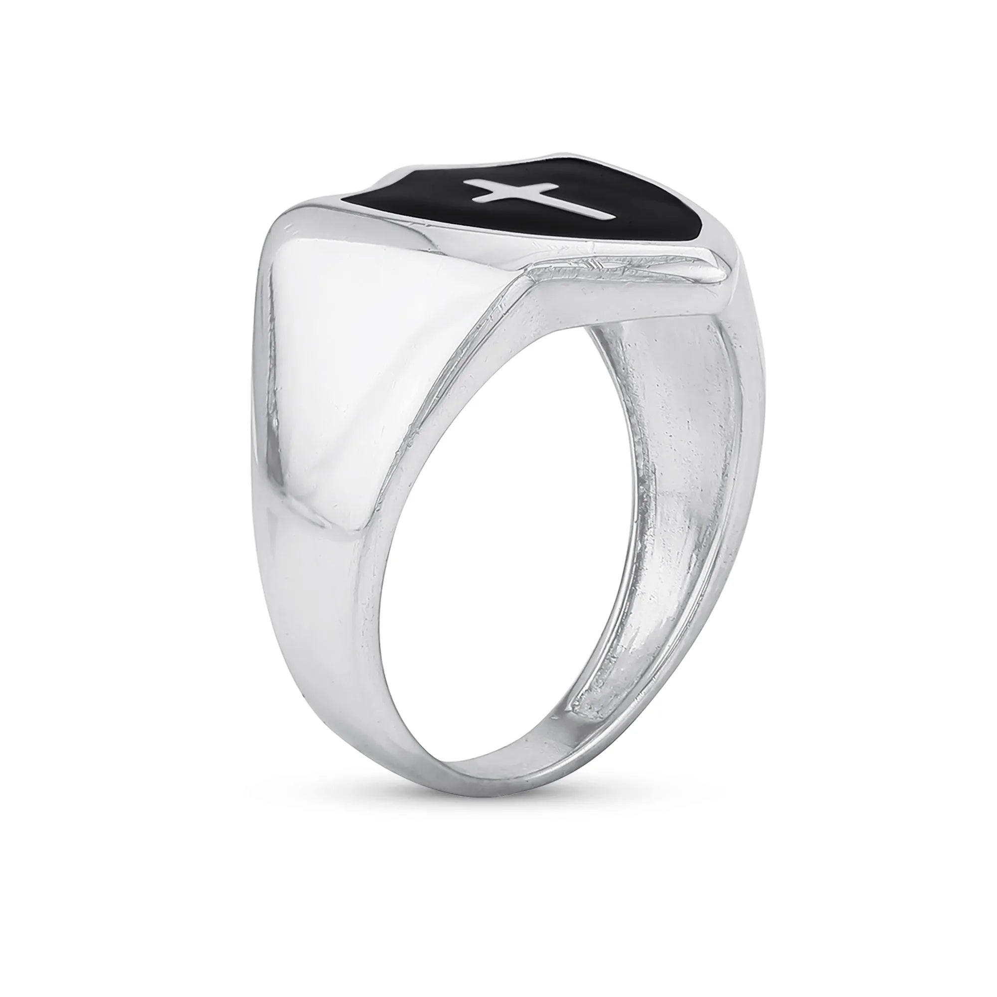 Mens Silver Ring with Black Onyx Inlay and Christian Shield Cross Design