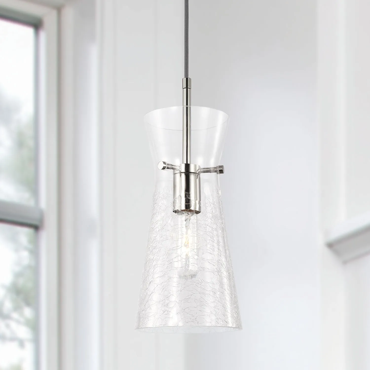 MILA 1-LIGHT CLEAR HALF CRACKLE GLASS PENDANT, POLISHED NICKEL