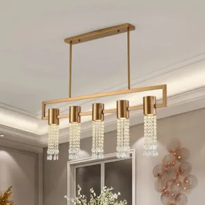 Modern Crystal Draping Brass Island Pendant Lighting Fixture - 15-Light Linear Suspension