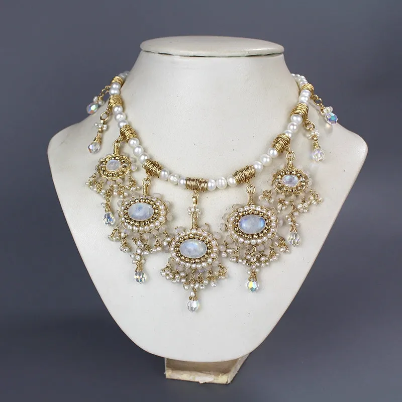 Moonstone Pearl Maharaja Bib Necklace