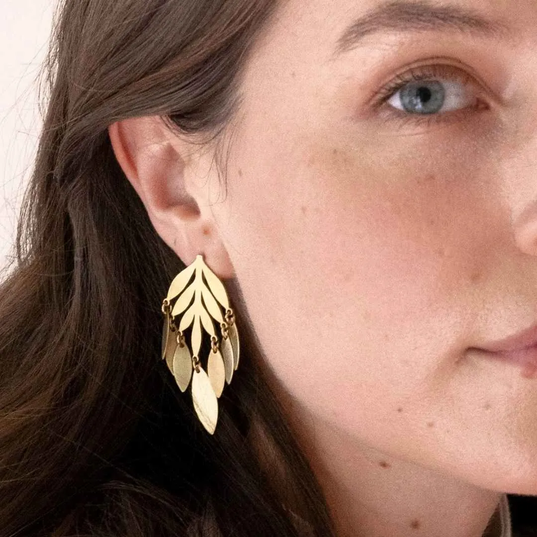 Nest Pretty Things | Large Botanical leaf Stud With Gold Fringe