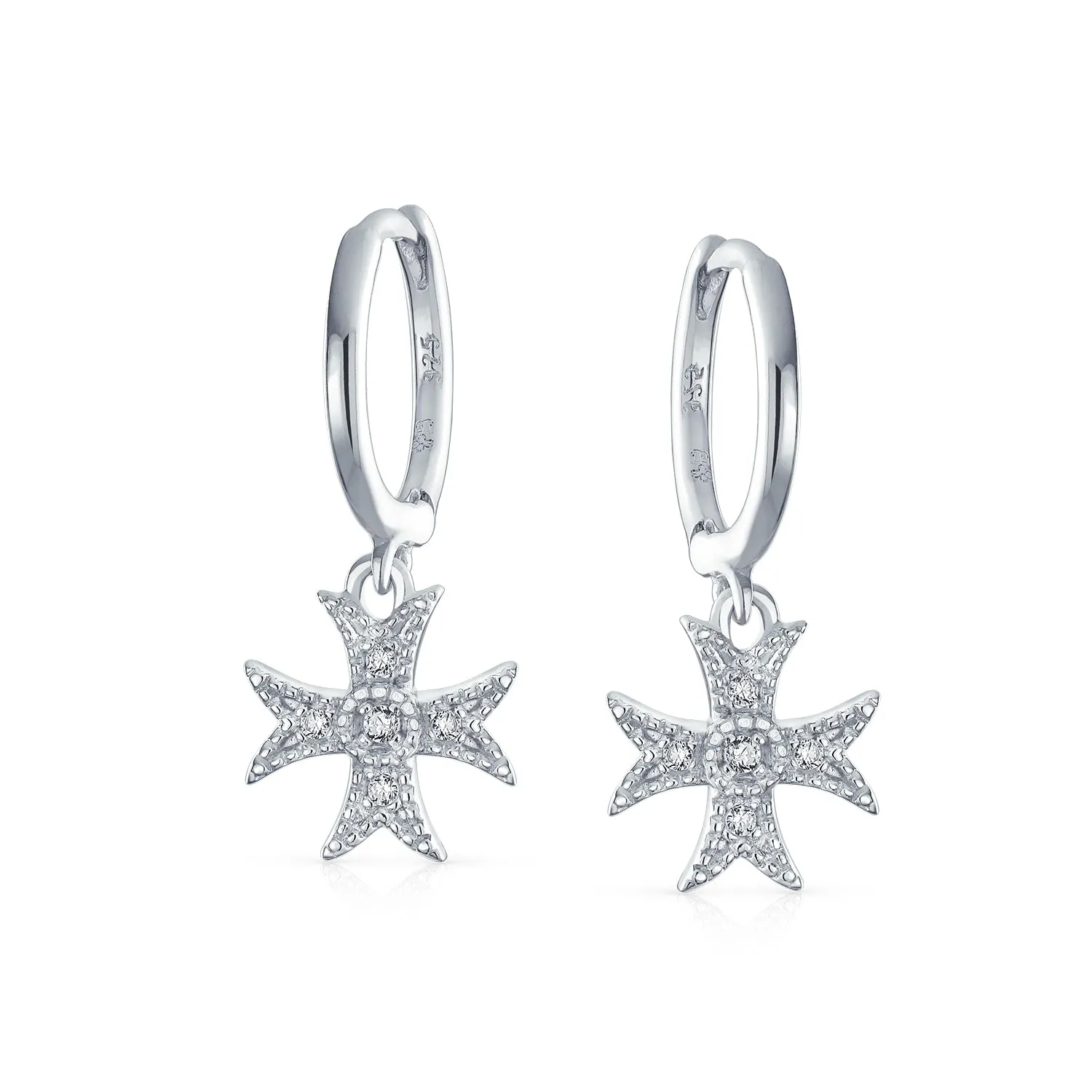 Pave CZ Dangle Chandelier Earrings with Masonic Knight Templar Cross Charms Silver