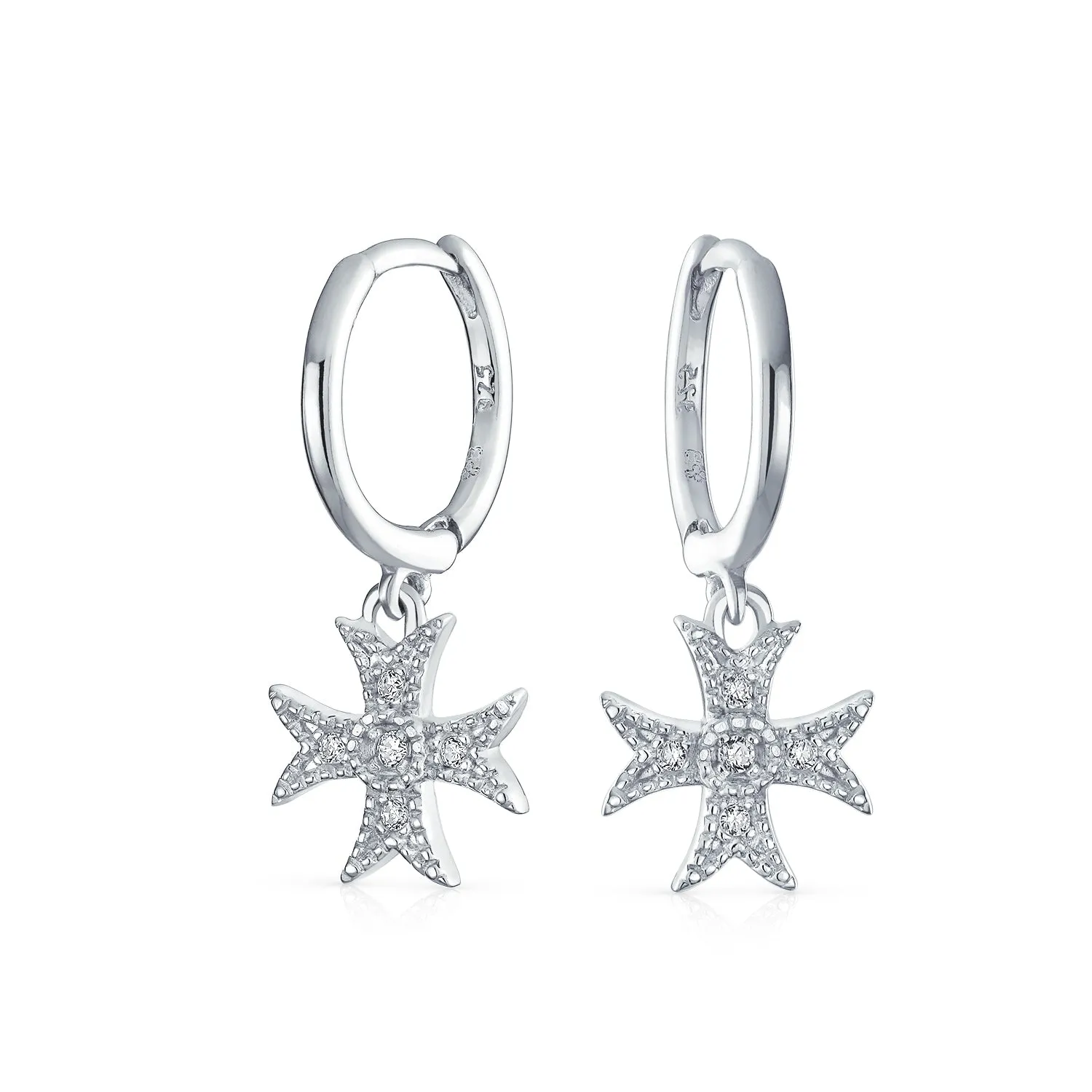 Pave CZ Dangle Chandelier Earrings with Masonic Knight Templar Cross Charms Silver