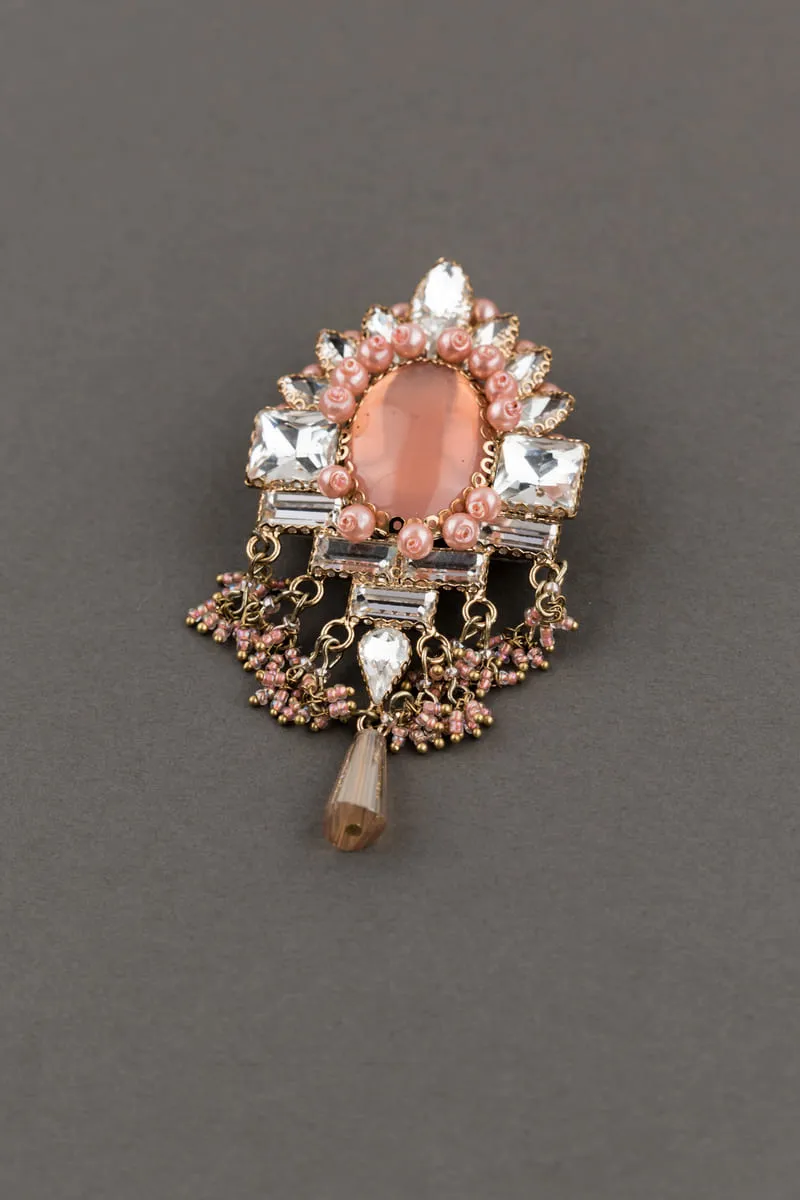 Peach Crystal With Semi Precious Stone Brooch