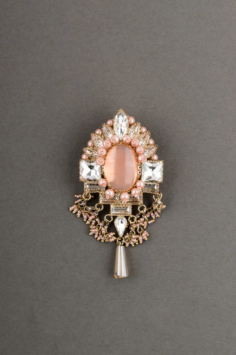 Peach Crystal With Semi Precious Stone Brooch