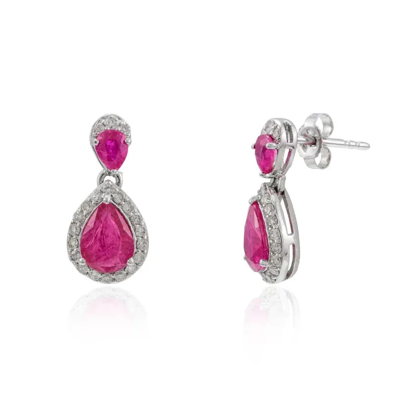 Pear Cut Ruby Diamond Dainty Dangling Earrings