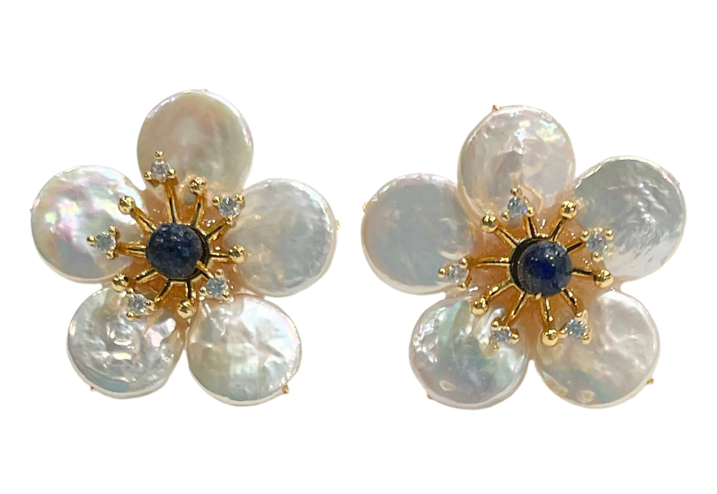 Pearl Petals & Lapis Lazuli Flower Statement Earrings 1"