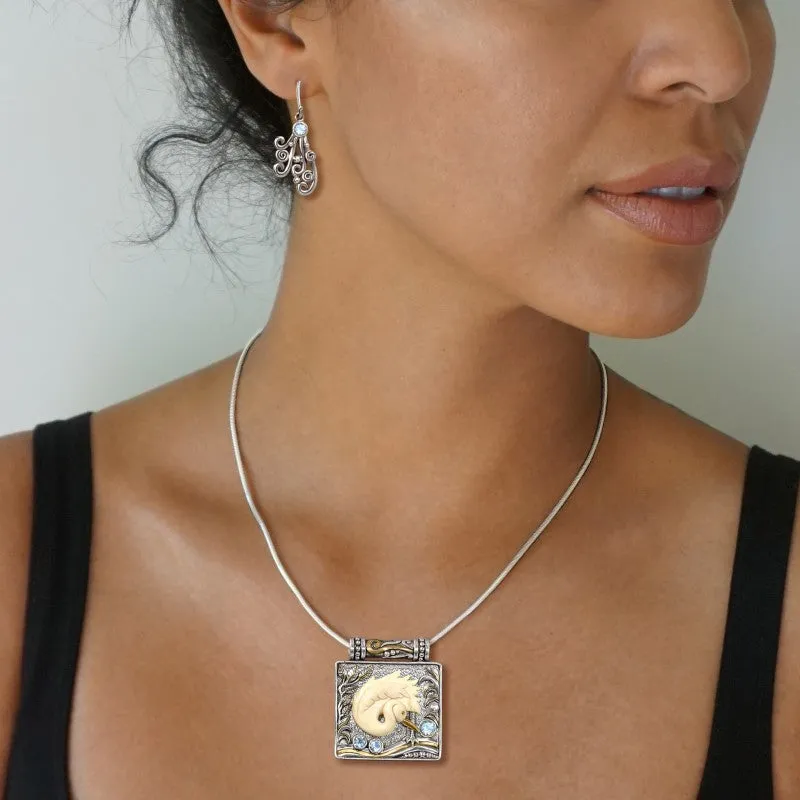 "Egret" Ancient Fossilized Mammoth Ivory Tusk, Rainbow Moonstone, 14KT Gold Fill and Sterling Silver Locket