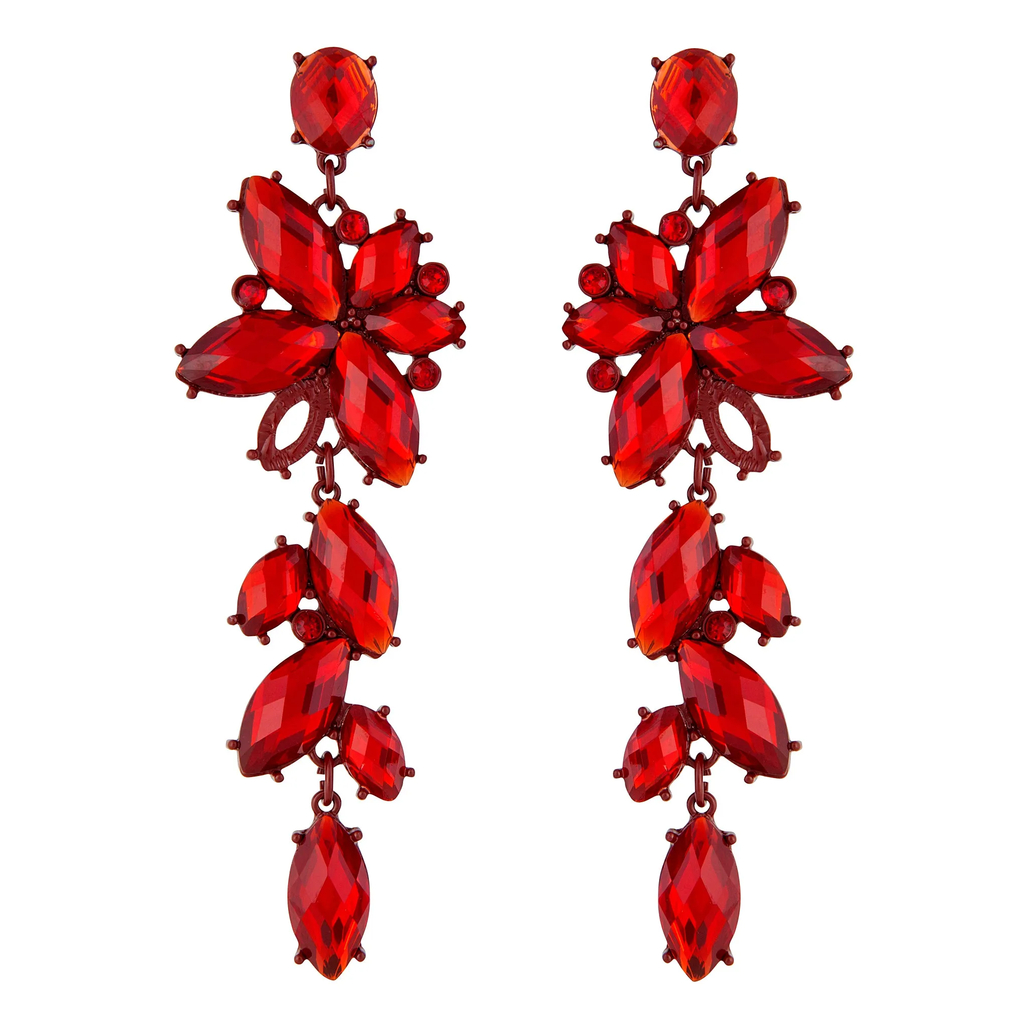 Red Jewelled Flower Petal Drop Earring