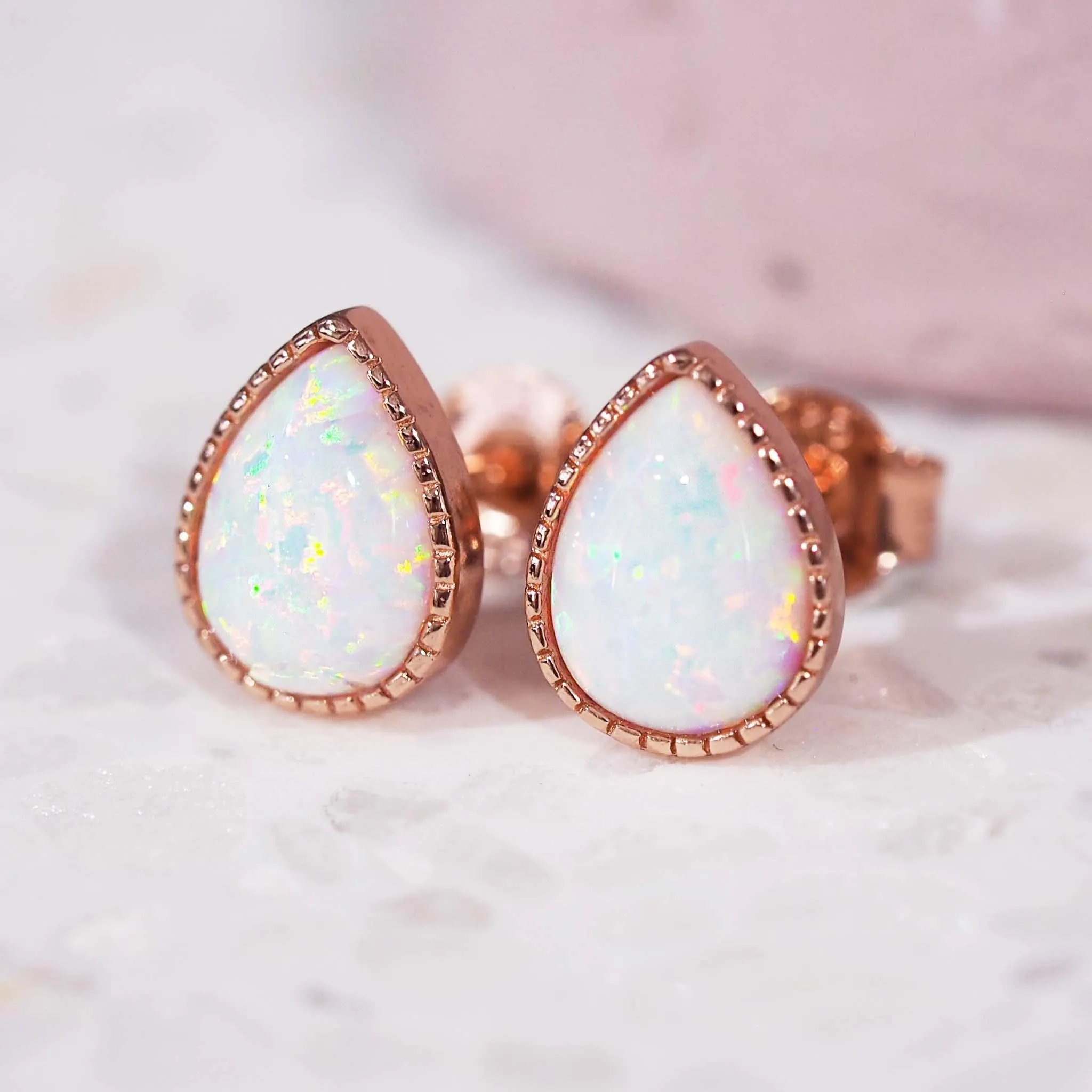 Rose Gold White Opal Rain Drop Earrings