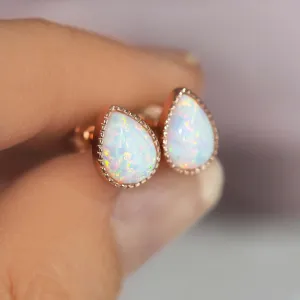 Rose Gold White Opal Rain Drop Earrings