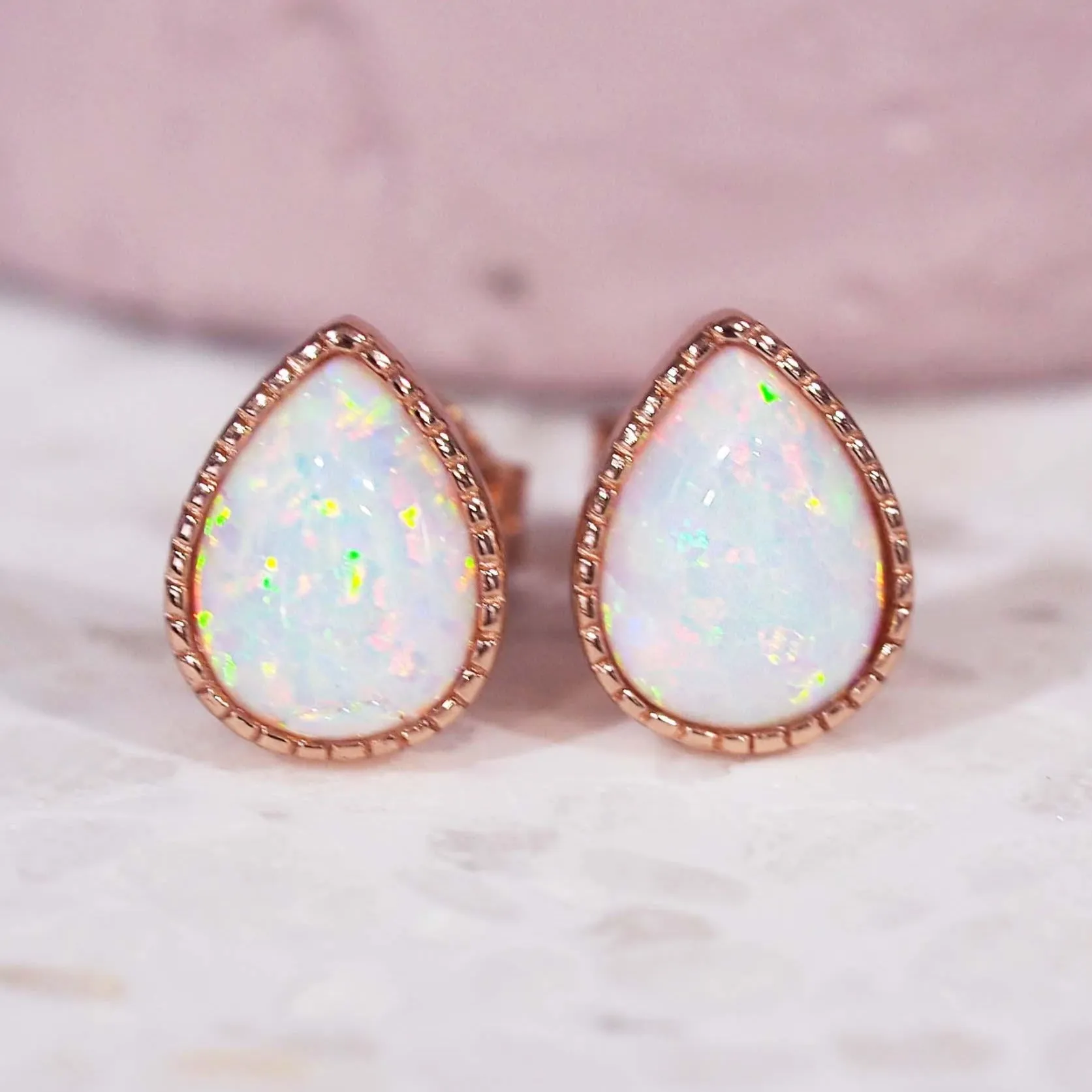 Rose Gold White Opal Rain Drop Earrings