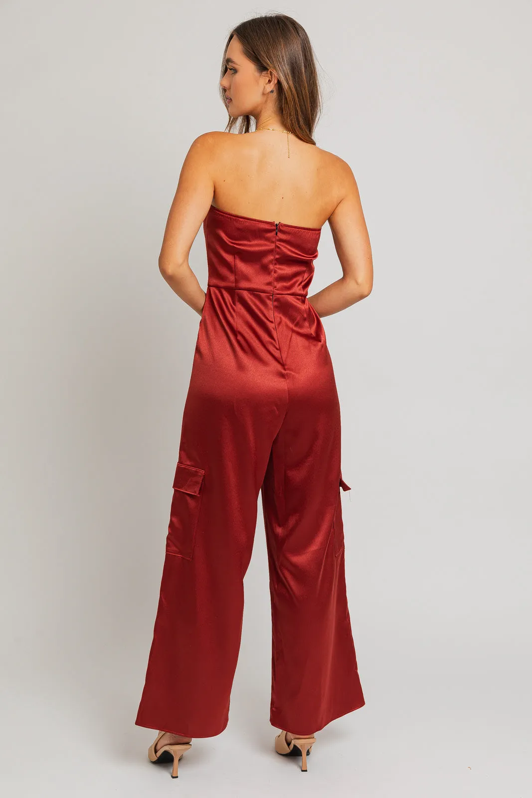 Satin Sleeveless Strapless Wide Leg Cargo Jumpsuit