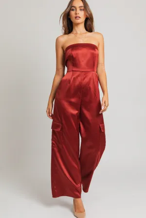 Satin Sleeveless Strapless Wide Leg Cargo Jumpsuit