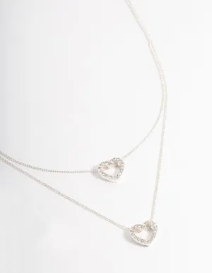 Silver Double Diamante Open Heart Layered Necklace