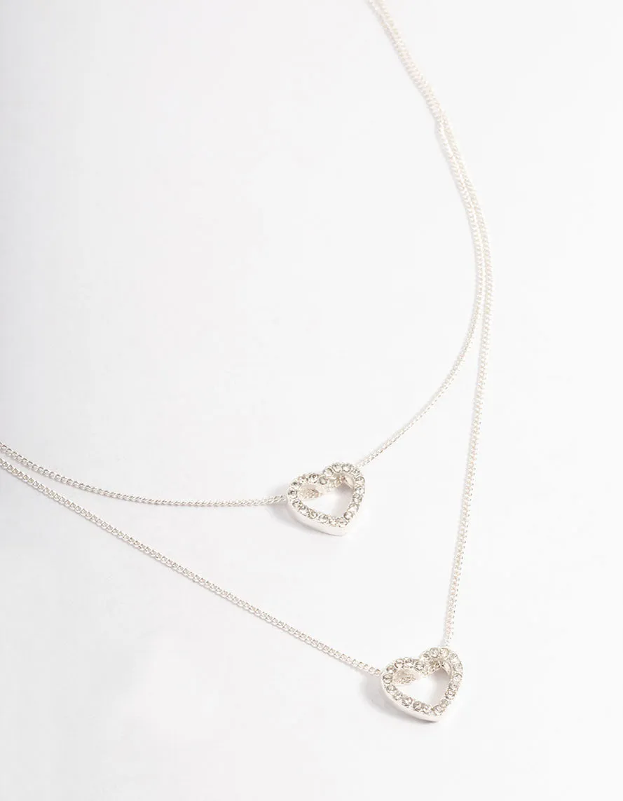 Silver Double Diamante Open Heart Layered Necklace