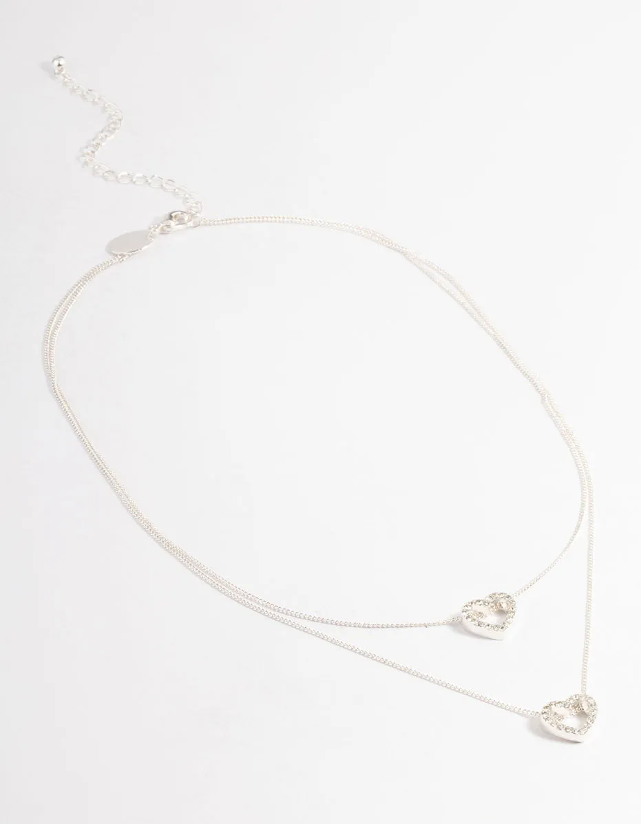 Silver Double Diamante Open Heart Layered Necklace