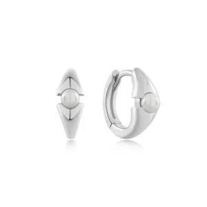 Silver Pearl Geometric Huggie Hoop Earrings