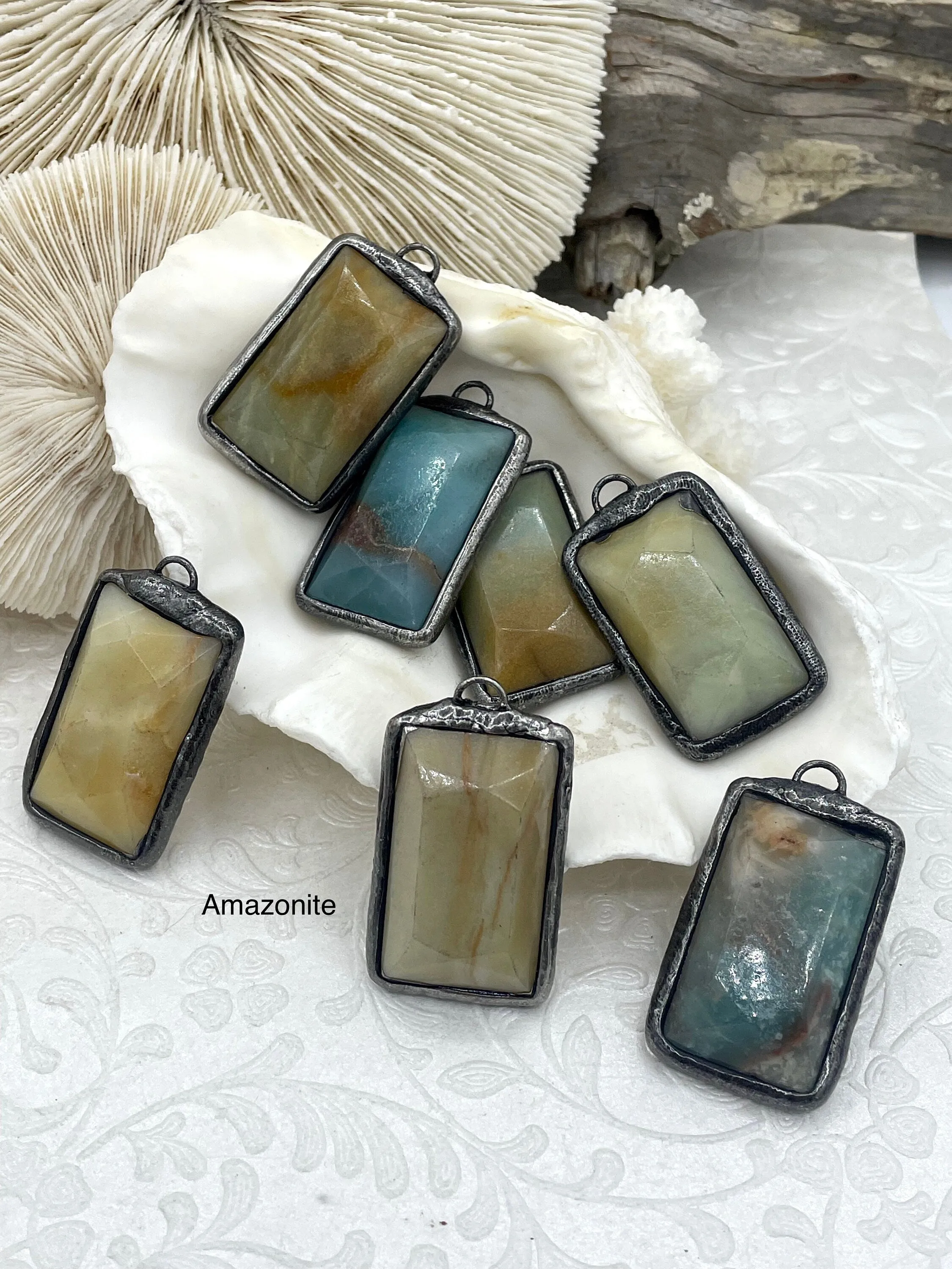 Soldered Natural Stone Pendants, Rectangle Stone Pendants with Gunmetal ,Comes in a variety of patterns, 4 Styles, Natural Stone, Fast Ship.