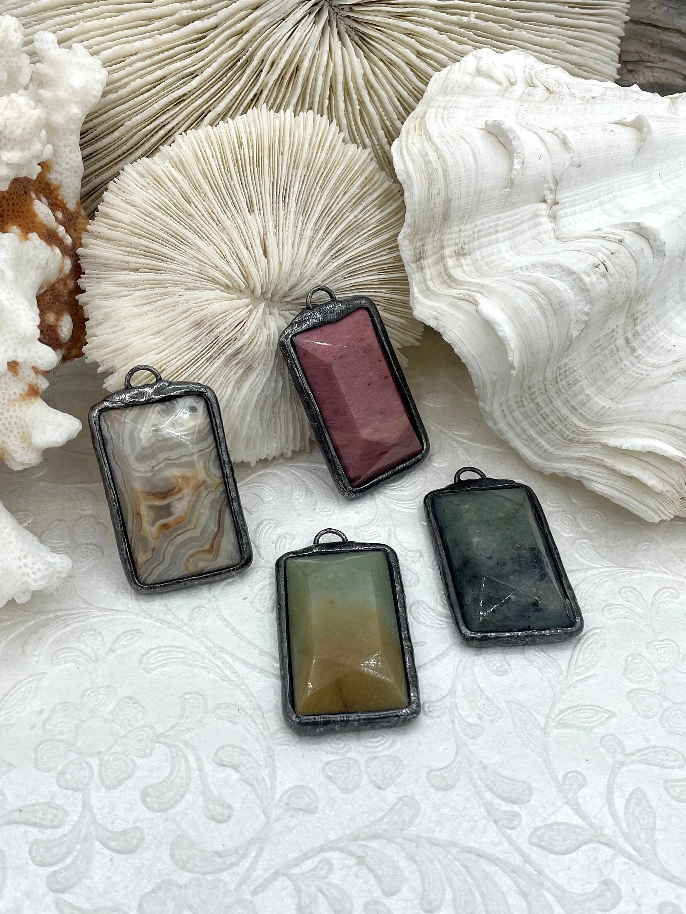 Soldered Natural Stone Pendants, Rectangle Stone Pendants with Gunmetal ,Comes in a variety of patterns, 4 Styles, Natural Stone, Fast Ship.