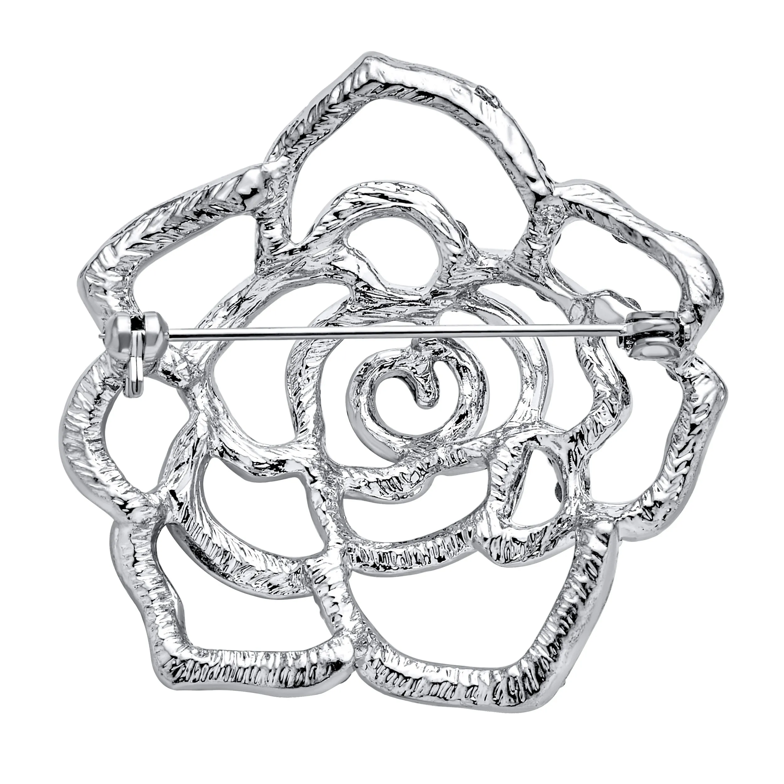 Sparkling Rose Flower Brooche Pin with Crystals Silver Tone Rhodium Plated