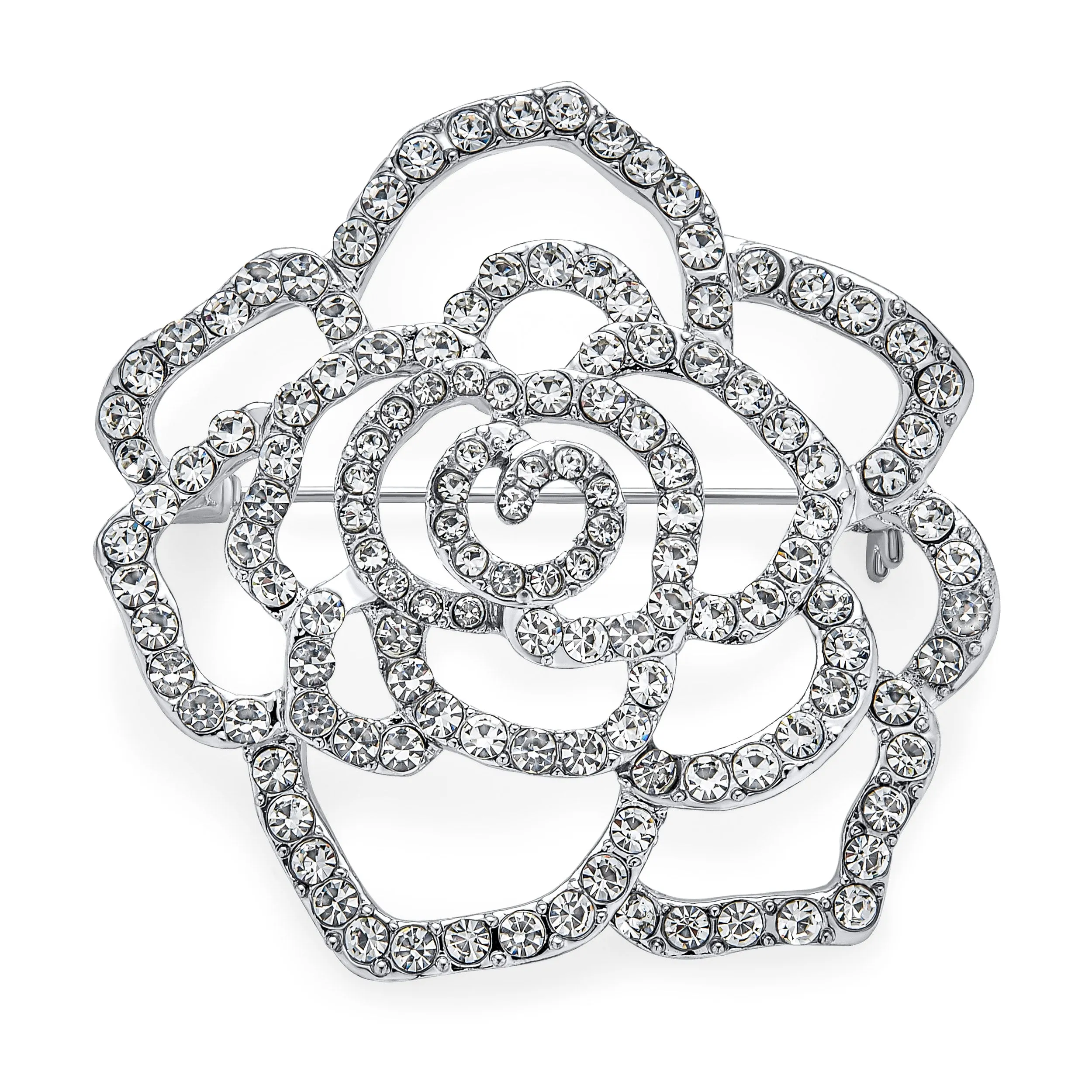 Sparkling Rose Flower Brooche Pin with Crystals Silver Tone Rhodium Plated