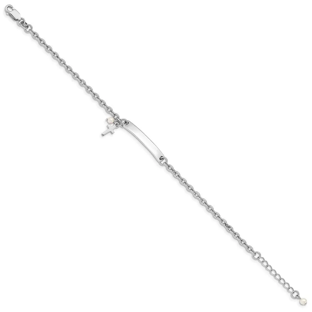 Sterling Silver and Pearl 7-inch Cross ID Bracelet