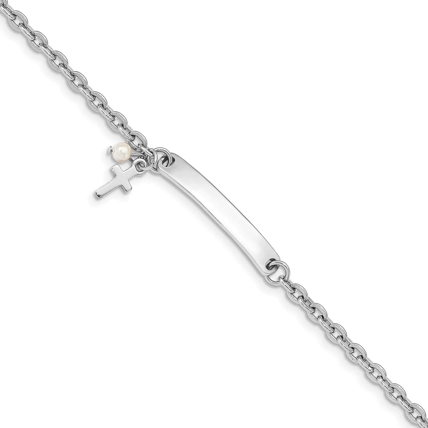 Sterling Silver and Pearl 7-inch Cross ID Bracelet